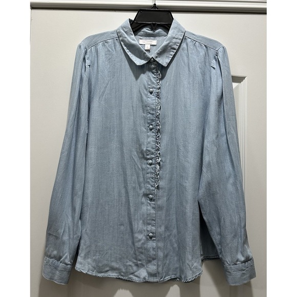 LC Lauren Conrad Shirt Women's L  Puff Sleeve Lightweight Denim Blouse Top Blue - Picture 1 of 6